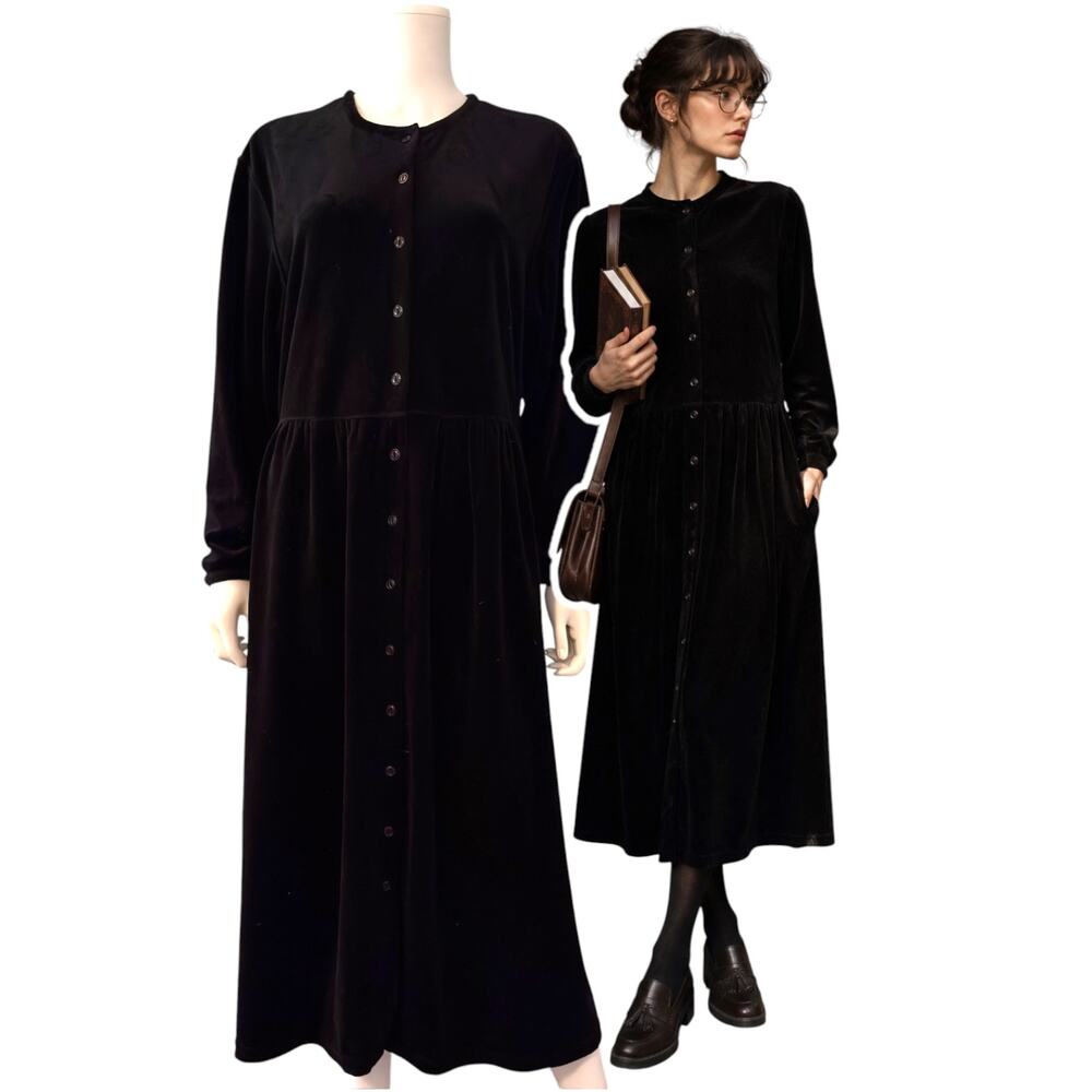Eddie Bauer Black Velour Button Front Maxi Dress Size Large 90s Dark Academia